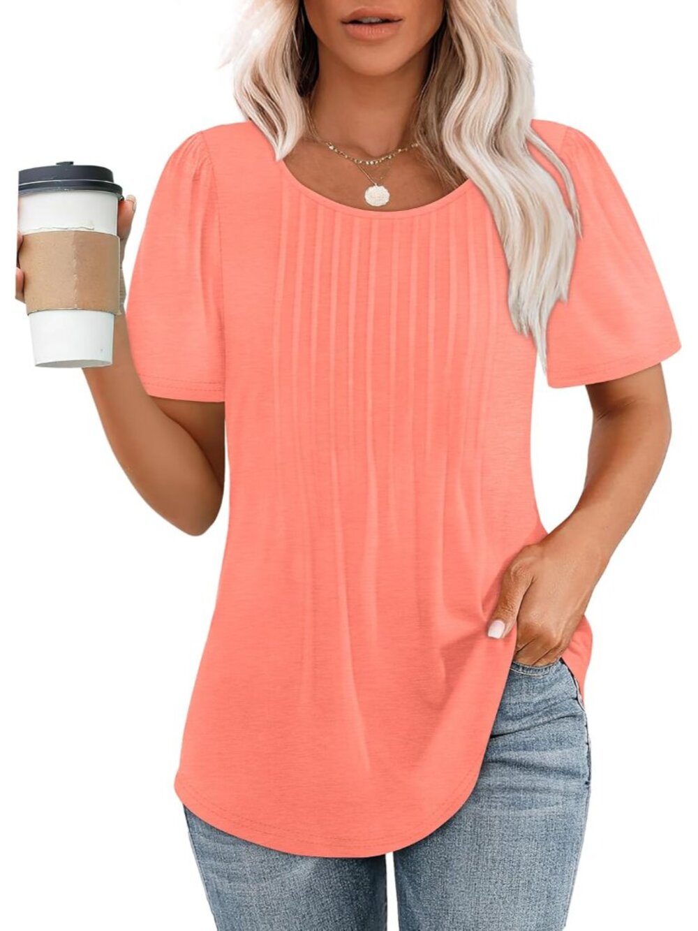 Womens T Shirts Short Sleeve Pleated Dressy Casual Scooped Neck Summer Tops Blou
